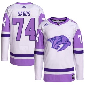 Nashville Predators Juuse Saros Official White/Purple Adidas Authentic Adult Hockey Fights Cancer Primegreen NHL Hockey Jersey