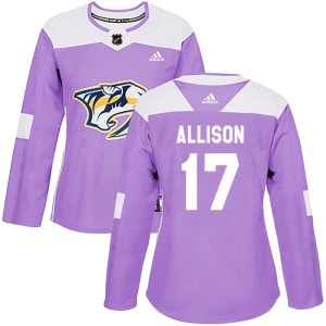Nashville Predators Wade Allison Official Purple Adidas Authentic Women's Fights Cancer Practice NHL Hockey Jersey