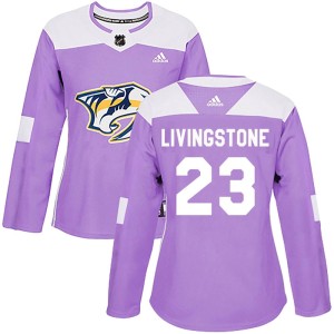 Nashville Predators Jake Livingstone Official Purple Adidas Authentic Women's Fights Cancer Practice NHL Hockey Jersey