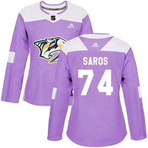 Nashville Predators Juuse Saros Official Purple Adidas Authentic Women's Fights Cancer Practice NHL Hockey Jersey