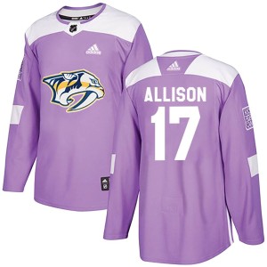 Nashville Predators Wade Allison Official Purple Adidas Authentic Adult Fights Cancer Practice NHL Hockey Jersey