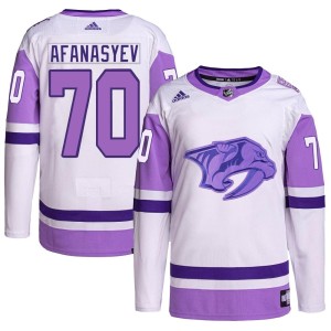 Nashville Predators Egor Afanasyev Official White/Purple Adidas Authentic Youth Hockey Fights Cancer Primegreen NHL Hockey Jersey