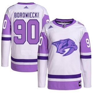 Nashville Predators Mark Borowiecki Official White/Purple Adidas Authentic Youth Hockey Fights Cancer Primegreen NHL Hockey Jersey
