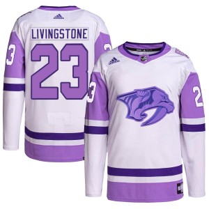 Nashville Predators Jake Livingstone Official White/Purple Adidas Authentic Youth Hockey Fights Cancer Primegreen NHL Hockey Jersey