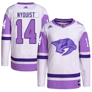 Nashville Predators Gustav Nyquist Official White/Purple Adidas Authentic Youth Hockey Fights Cancer Primegreen NHL Hockey Jersey