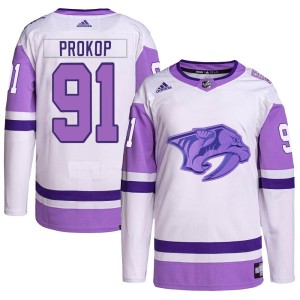 Nashville Predators Luke Prokop Official White/Purple Adidas Authentic Youth Hockey Fights Cancer Primegreen NHL Hockey Jersey