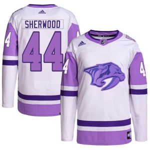 Nashville Predators Kiefer Sherwood Official White/Purple Adidas Authentic Youth Hockey Fights Cancer Primegreen NHL Hockey Jersey